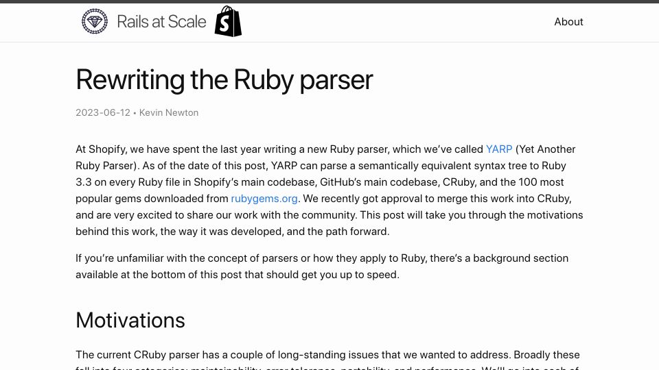 Screenshot of railsatscale.com: Rewriting the Ruby parser