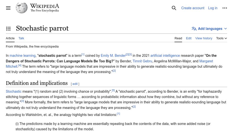 Screenshot of en.wikipedia.org: Stochastic Parrot