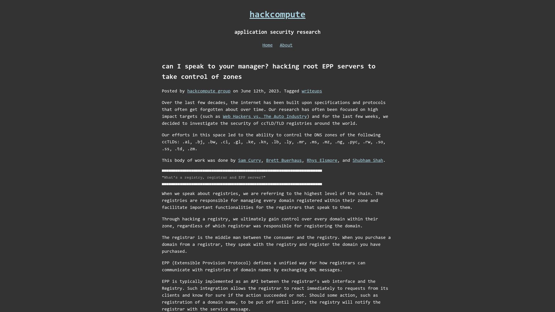 Screenshot of hackcompute.com: Hacking root EPP servers to take control of zones