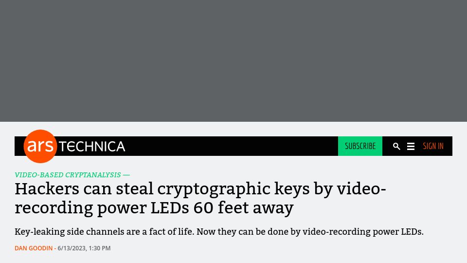 Screenshot of arstechnica.com: Hackers can steal cryptographic keys by video-recording power LEDs 60 feet away