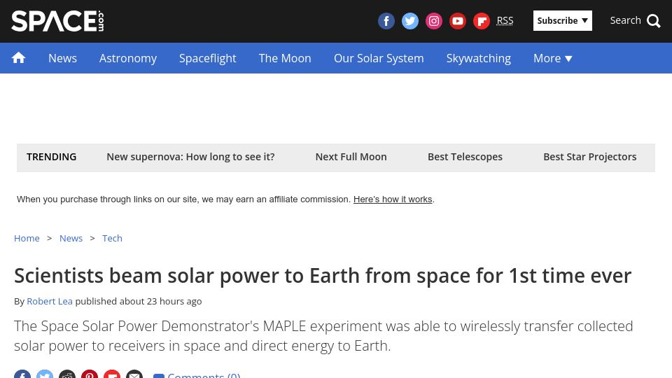 Screenshot of space.com: Scientists beam solar power to Earth from space for first time ever