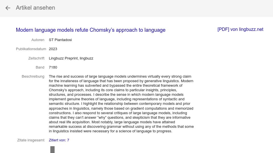 Screenshot of scholar.google.com: Modern language models refute Chomsky’s approach to language