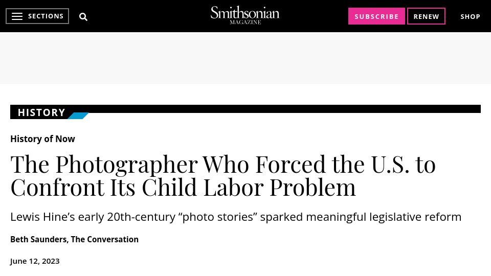 Screenshot of smithsonianmag.com: Lewis Hine’s early 20th-century “photo stories”