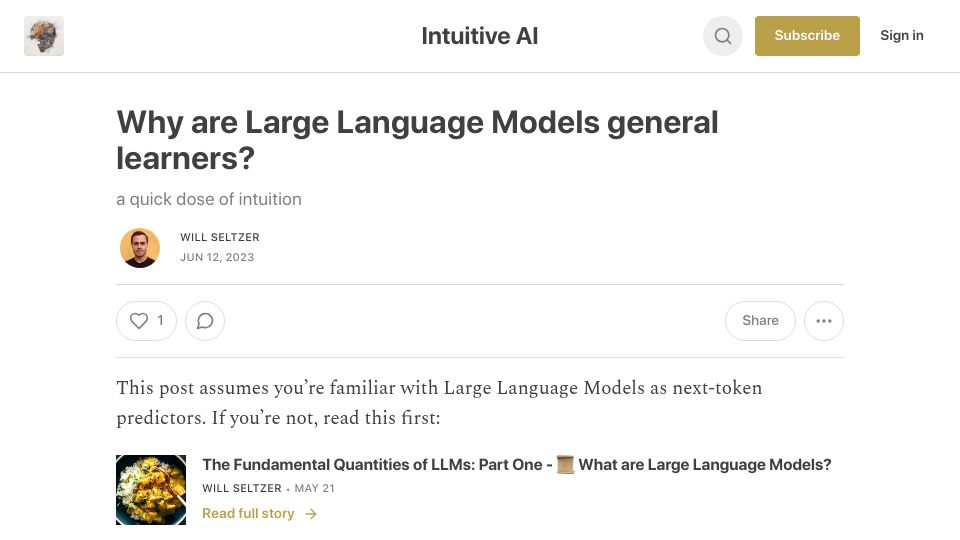 Screenshot of intuitiveai.substack.com: Why are LLMs general learners?