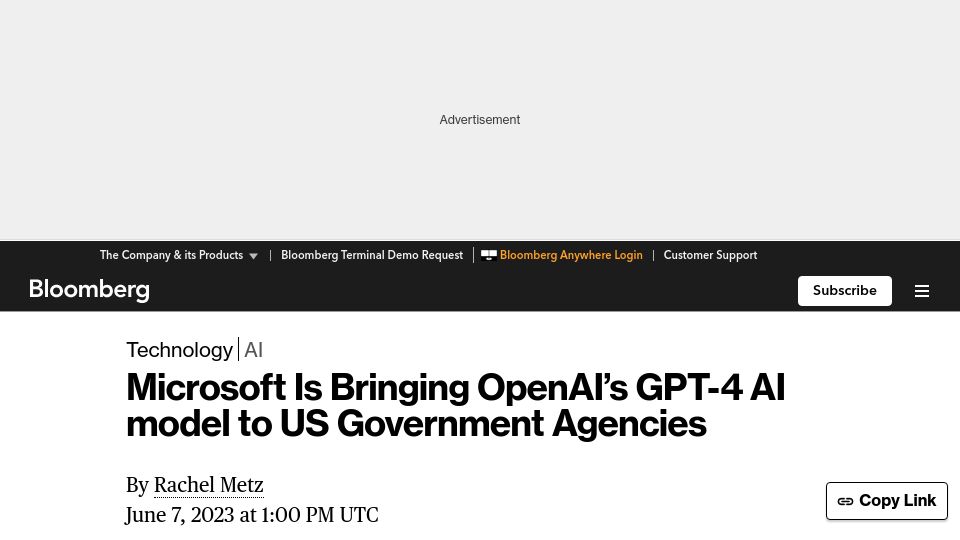Screenshot of bloomberg.com: Microsoft is bringing GPT-4 to US Government agencies
