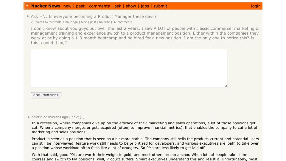 Screenshot of Hacker News post: Ask HN: Is everyone becoming a Product Manager these days?