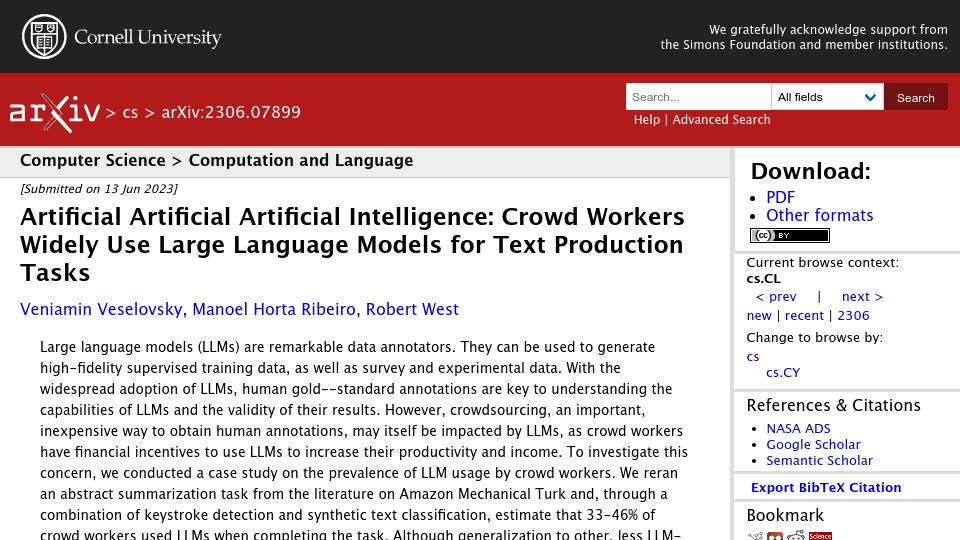 Screenshot of arxiv.org: 33-46% of workers on MTurk used LLMs in a text production task