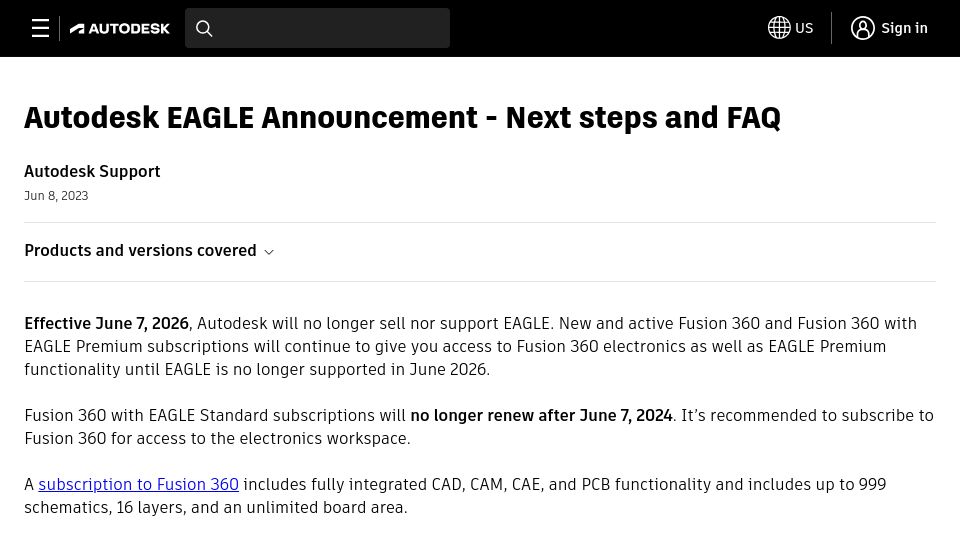 Screenshot of autodesk.com: Effective June 7, 2026, Autodesk will no longer sell nor support EAGLE