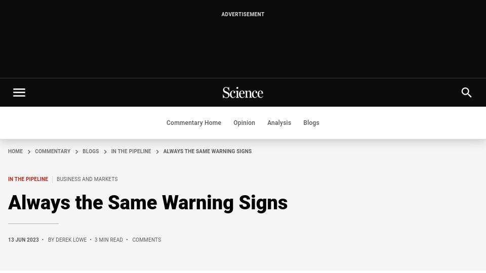 Screenshot of science.org: Always the same warning signs