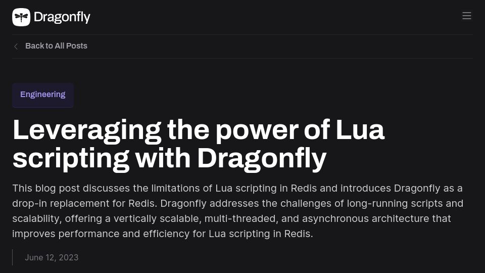Screenshot of dragonflydb.io: Leveraging the power of Lua scripting with Dragonfly