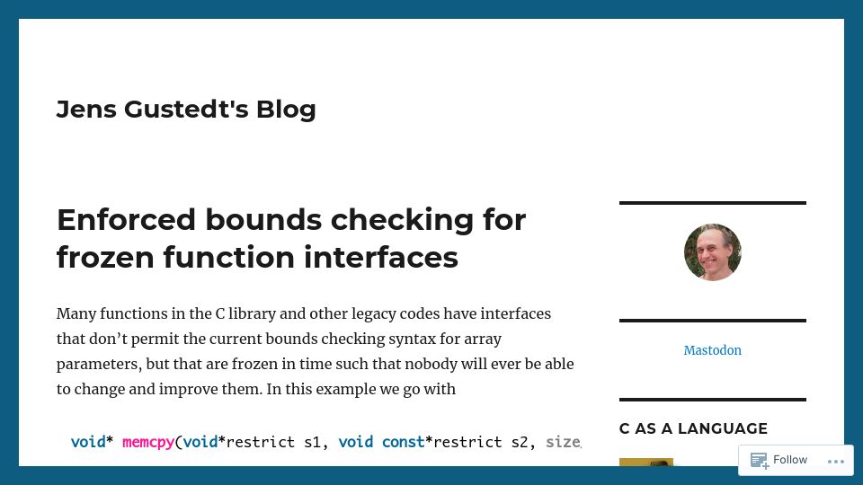 Screenshot of gustedt.wordpress.com: Enforced bounds checking for frozen C function interfaces