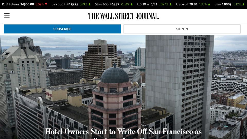 Screenshot of wsj.com: Hotel Owners Start to Write Off San Francisco as Business Nosedives