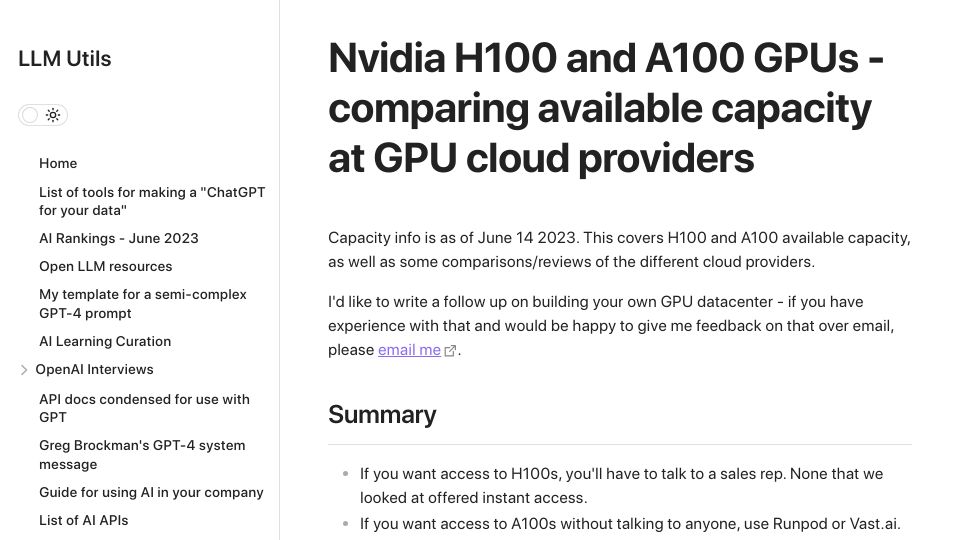 Screenshot of llm-utils.org: Nvidia H100 and A100 GPUs – comparing available capacity at GPU cloud providers