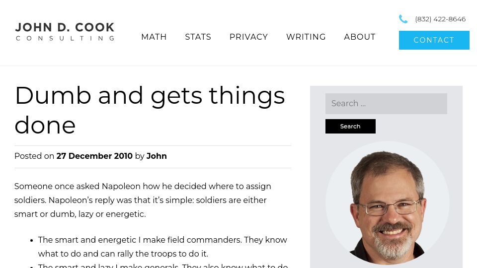 Screenshot of johndcook.com: Dumb and Gets Things Done (2010)