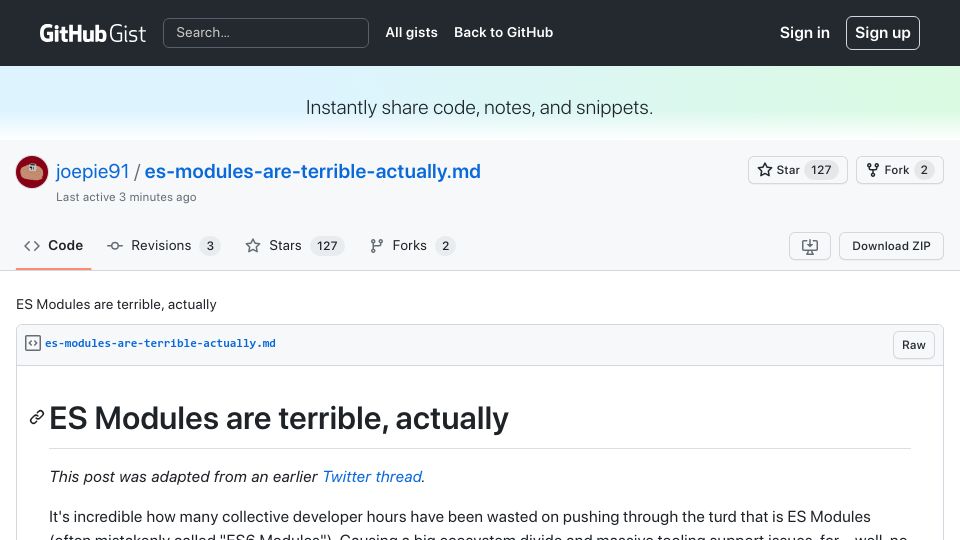 Screenshot of gist.github.com: ES Modules Are Terrible