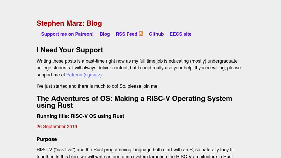Screenshot of osblog.stephenmarz.com: Making a RISC-V Operating System Using Rust (2019)