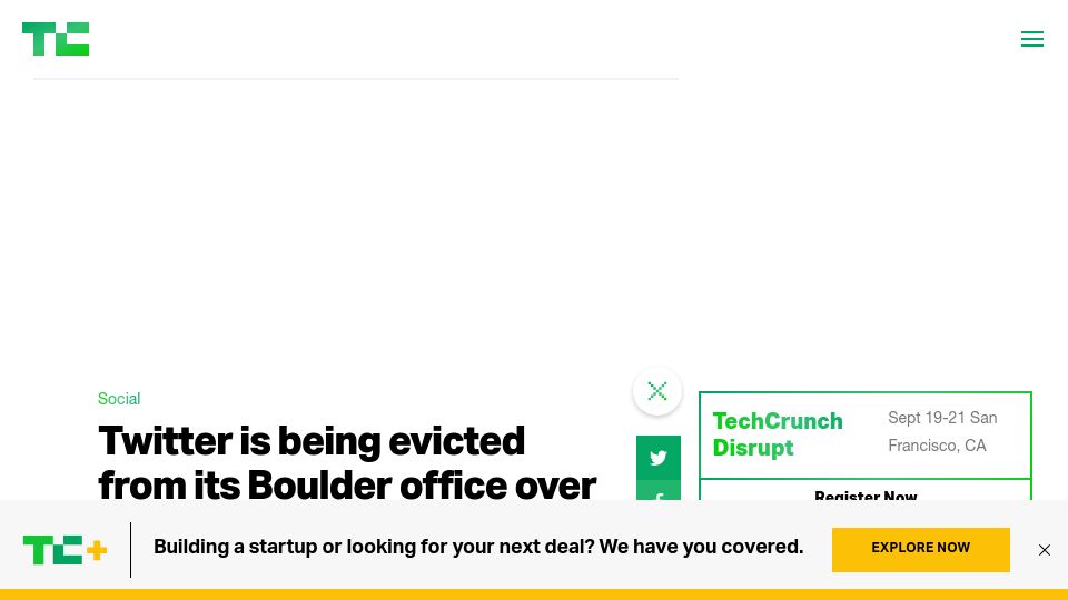 Screenshot of techcrunch.com: Twitter is being evicted from its Boulder office over unpaid rent