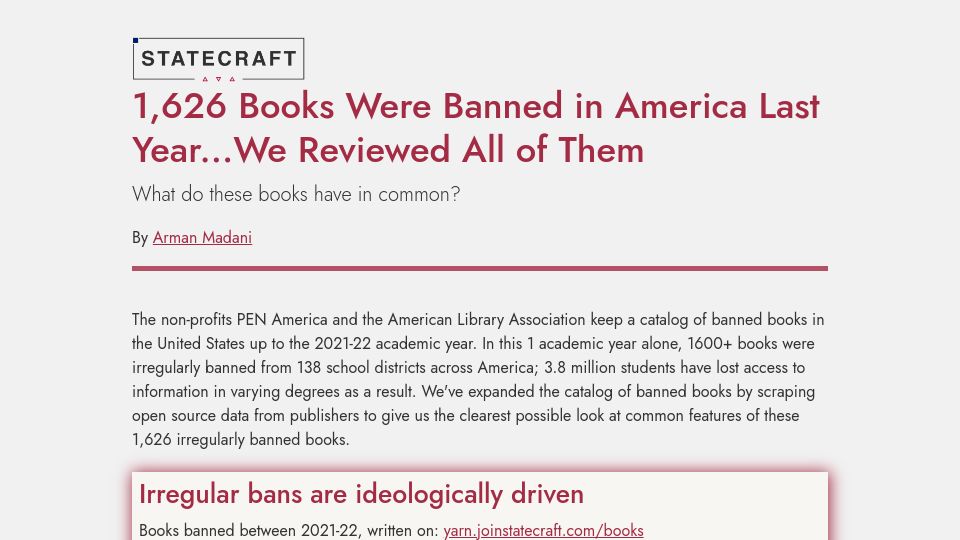 Screenshot of yarn.joinstatecraft.com: 1,626 Books Were Banned Across America Last Year We Reviewed All of Them