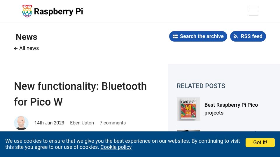 Screenshot of raspberrypi.com: New Functionality: Bluetooth for Raspberry Pi Pico W