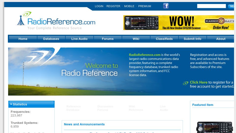 Screenshot of radioreference.com: RadioReference Complete Frequency Database