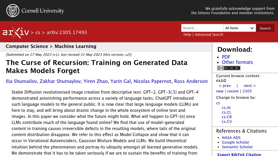 Screenshot of arxiv.org: The Curse of Recursion: Training on Generated Data Makes Models Forget