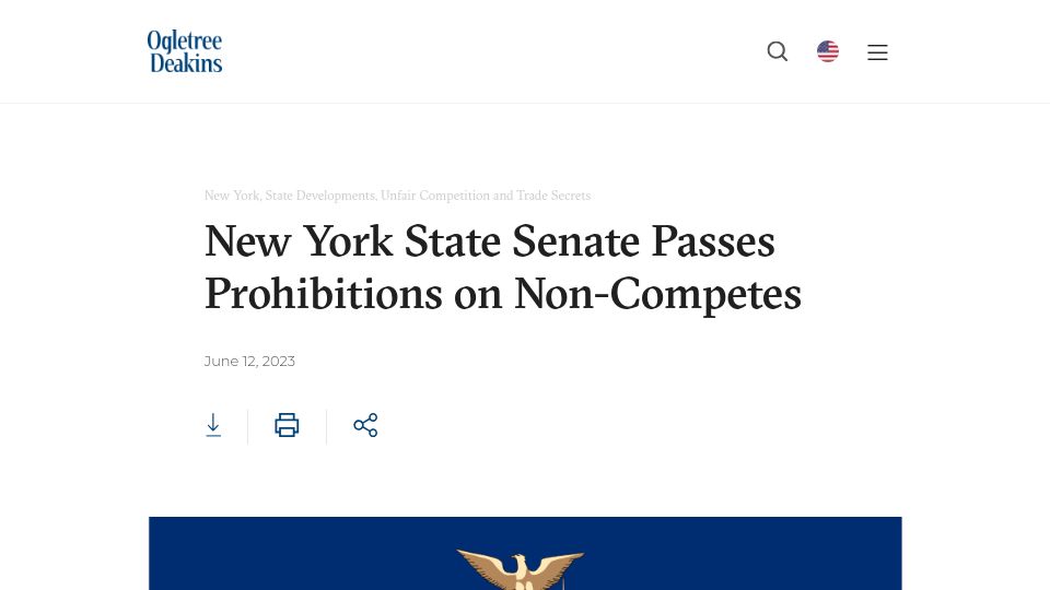 Screenshot of ogletree.com: New York State Senate passes prohibitions on non-competes