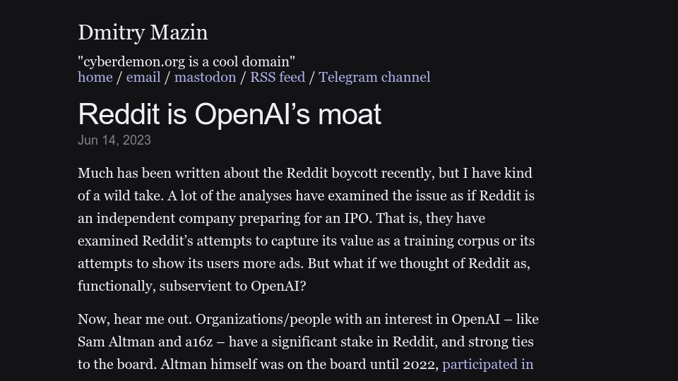 Screenshot of cyberdemon.org: Reddit Is OpenAI’s Moat?