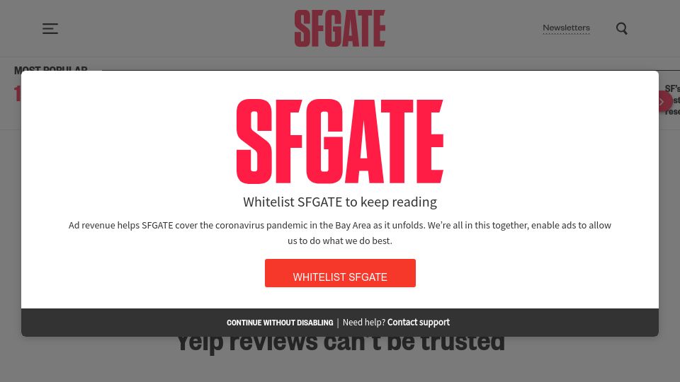 Screenshot of sfgate.com: Bay Area woman is on a crusade to prove Yelp reviews can’t be trusted