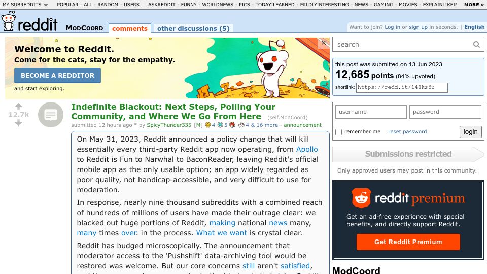 Screenshot of old.reddit.com: The Reddit blackout will continue
