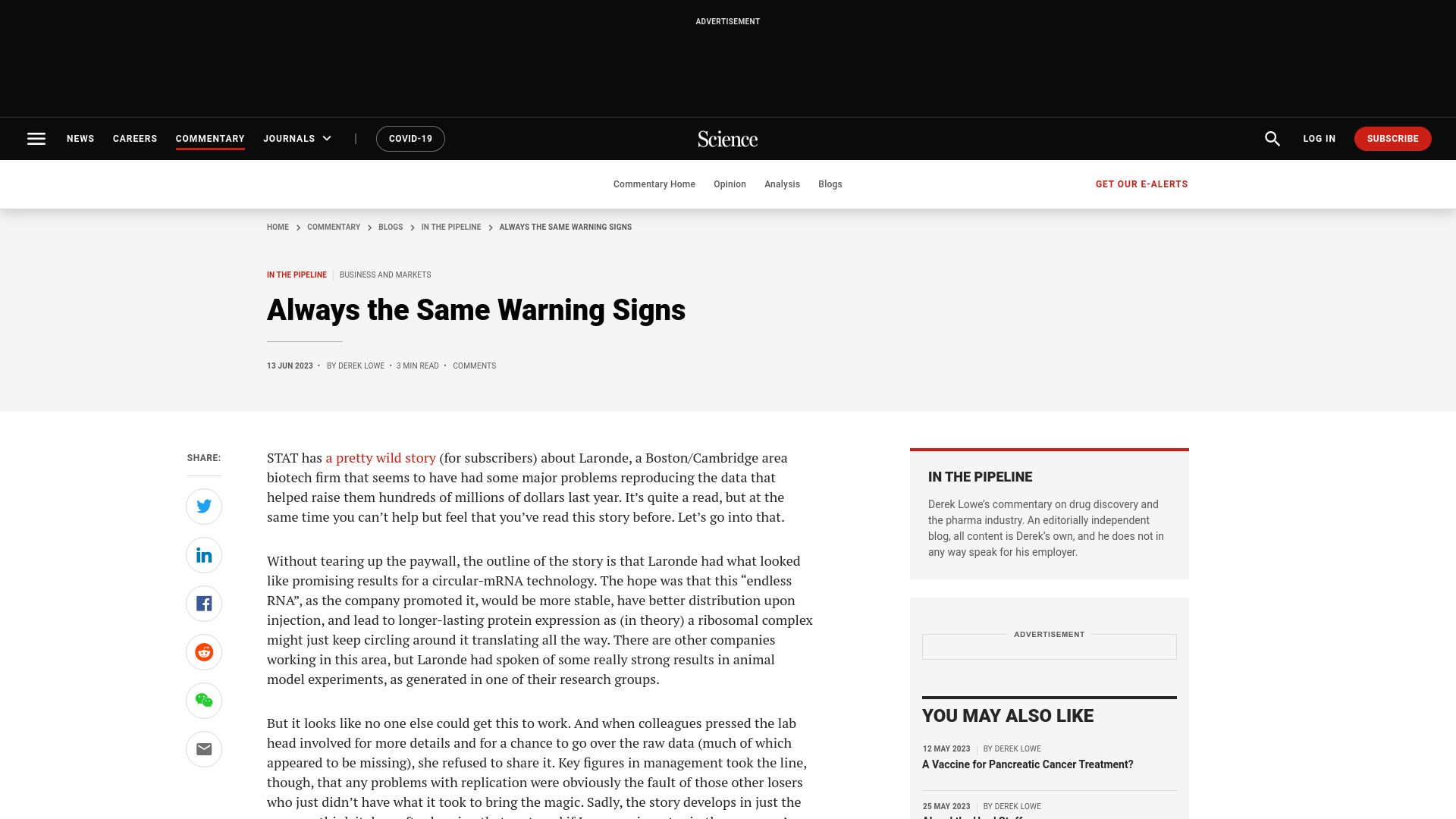 Screenshot of science.org: Always the same warning signs