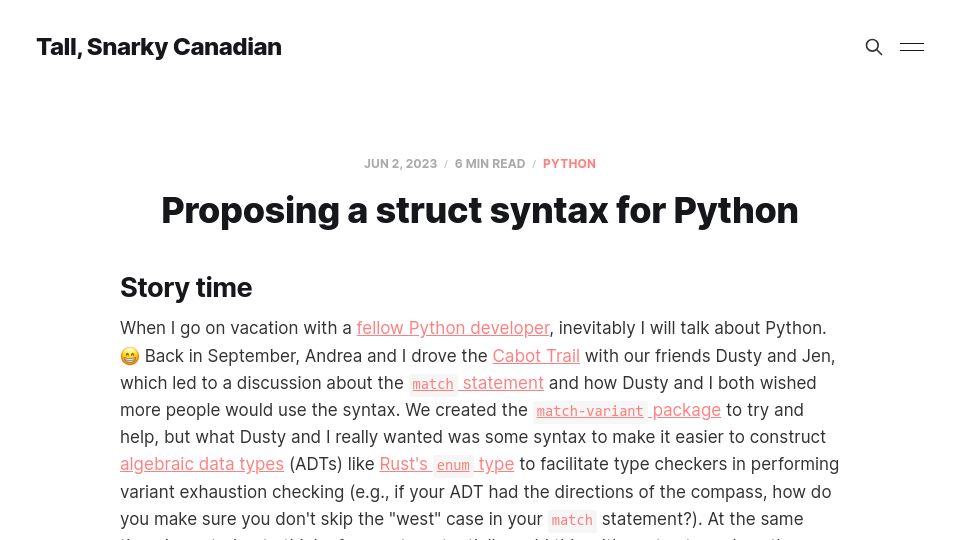 Screenshot of snarky.ca: Proposing a struct syntax for Python