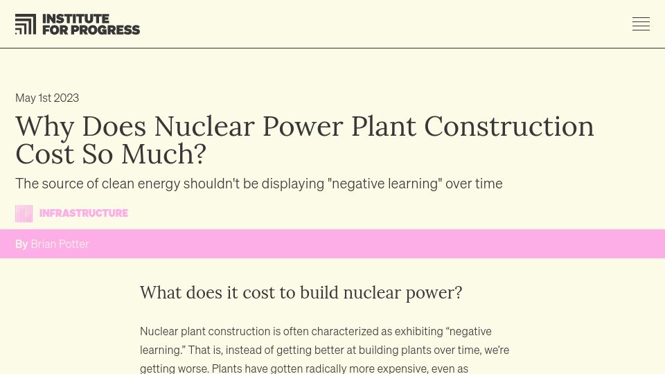 Screenshot of progress.institute: Why does nuclear power plant construction cost so much?
