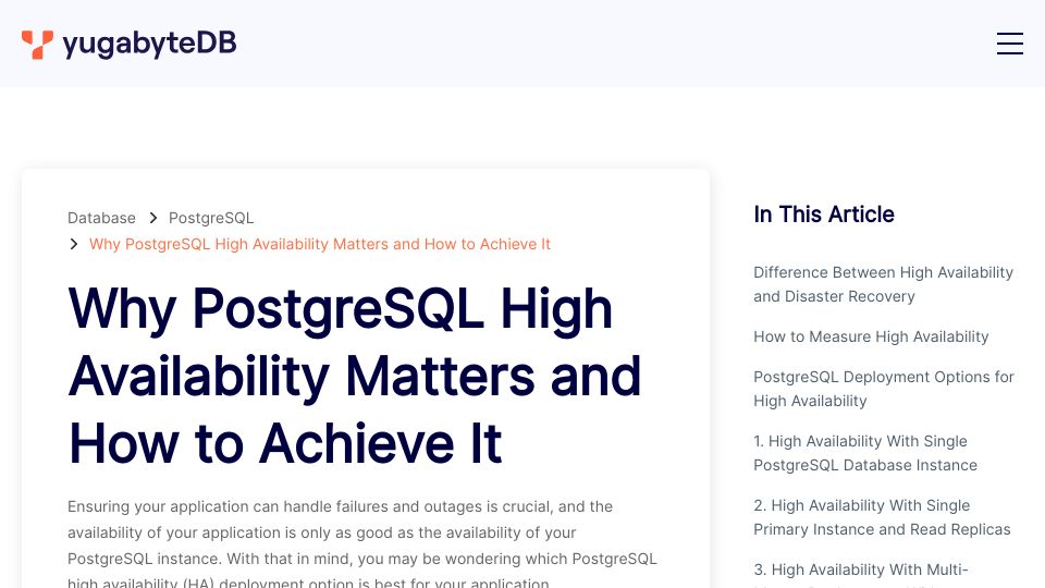 Screenshot of yugabyte.com: Why PostgreSQL High Availability Matters and How to Achieve It