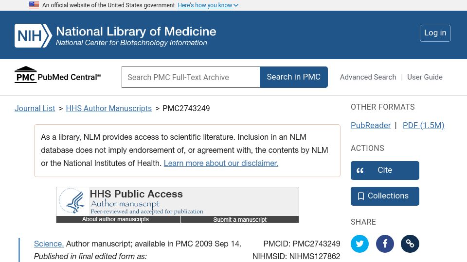 Screenshot of ncbi.nlm.nih.gov: Consciousness and Anaesthesia (2009)