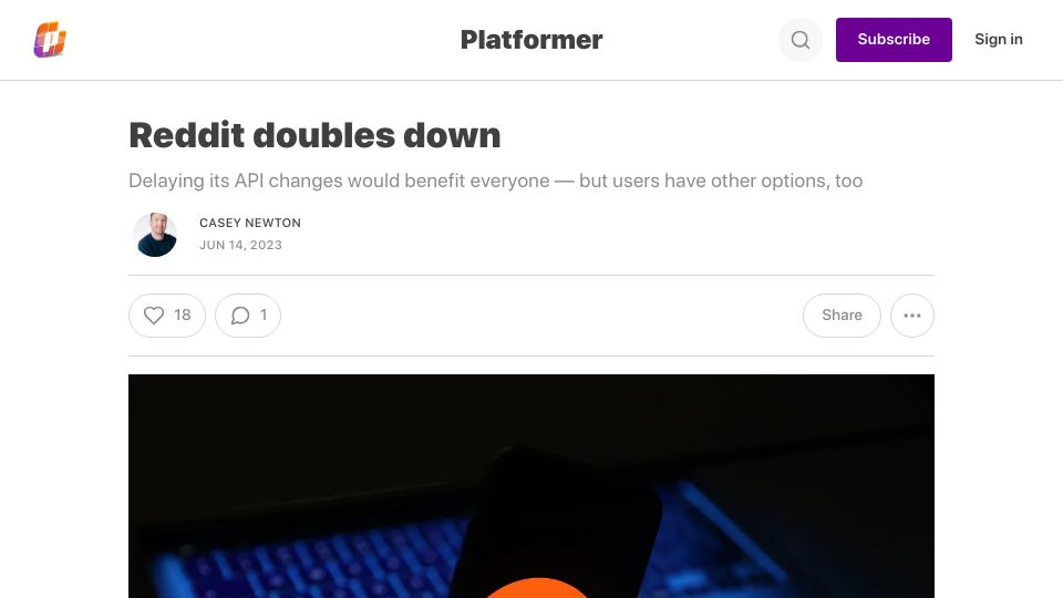 Screenshot of platformer.news: Reddit Doubles Down
