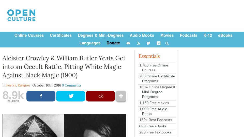 Screenshot of openculture.com: Aleister Crowley and William Butler Yeats get into an occult battle (2016)