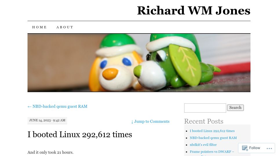 Screenshot of rwmj.wordpress.com: I booted Linux 293k times in 21 hours