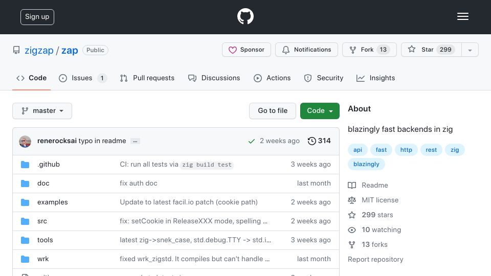 Screenshot of github.com: Zap – Fast backends in Zig