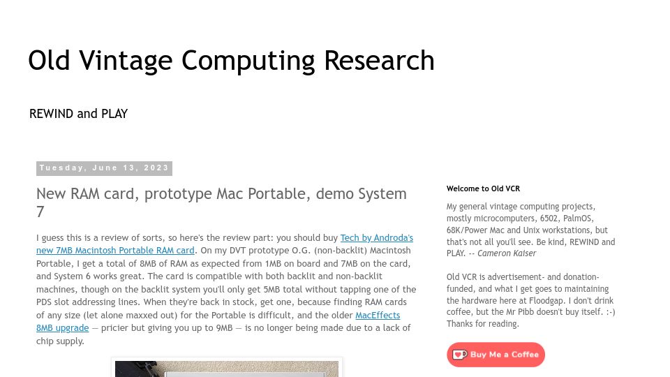 Screenshot of oldvcr.blogspot.com: New RAM card, prototype Mac Portable, demo System 7