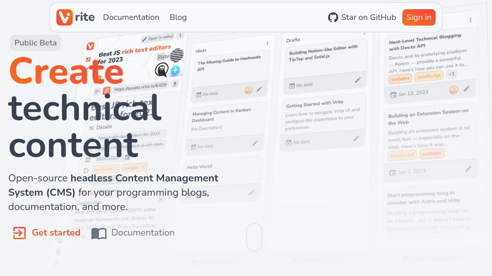Screenshot of vrite.io: Show HN: I’m building open-source headless CMS for technical content