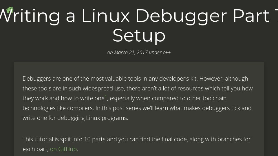 Screenshot of blog.tartanllama.xyz: Writing a Linux Debugger (2017)