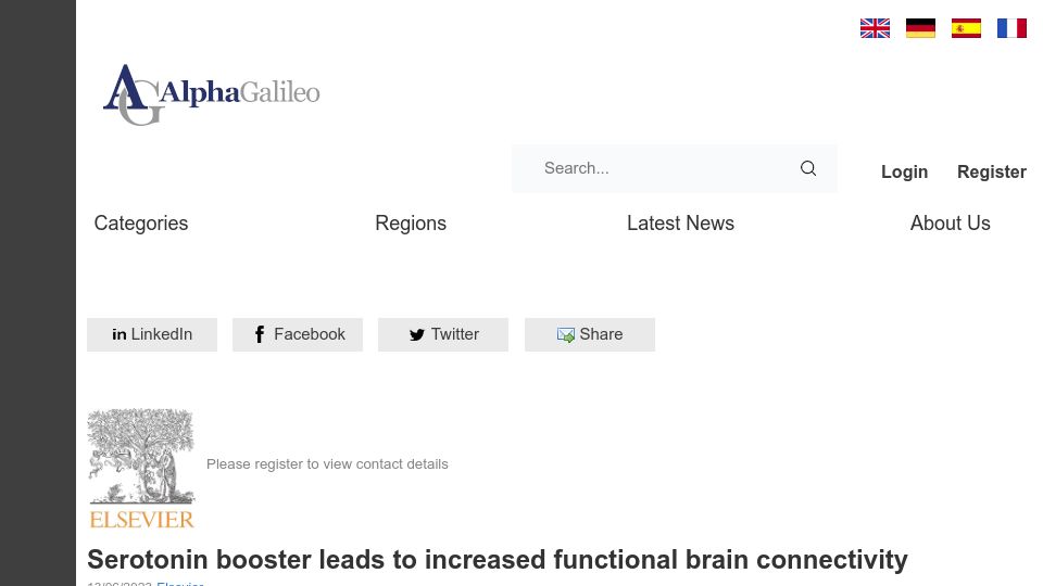 Screenshot of alphagalileo.org: Serotonin booster leads to increased functional brain connectivity