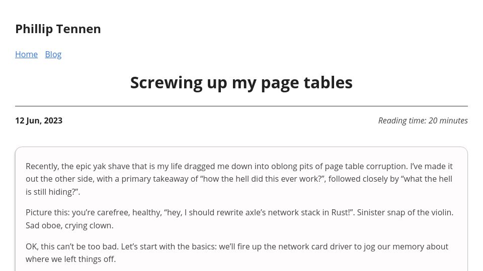 Screenshot of axleos.com: Screwing up my page tables