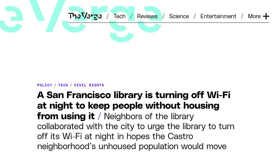Screenshot of theverge.com: San Francisco library turning off WiFi at night to keep homeless from using it
