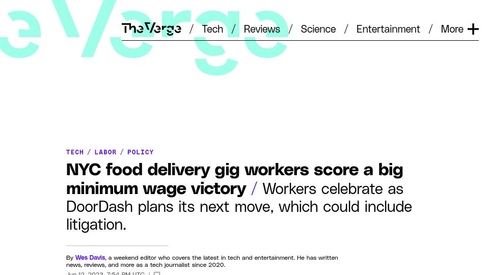 Screenshot of theverge.com: NYC food delivery gig workers score a big minimum wage victory