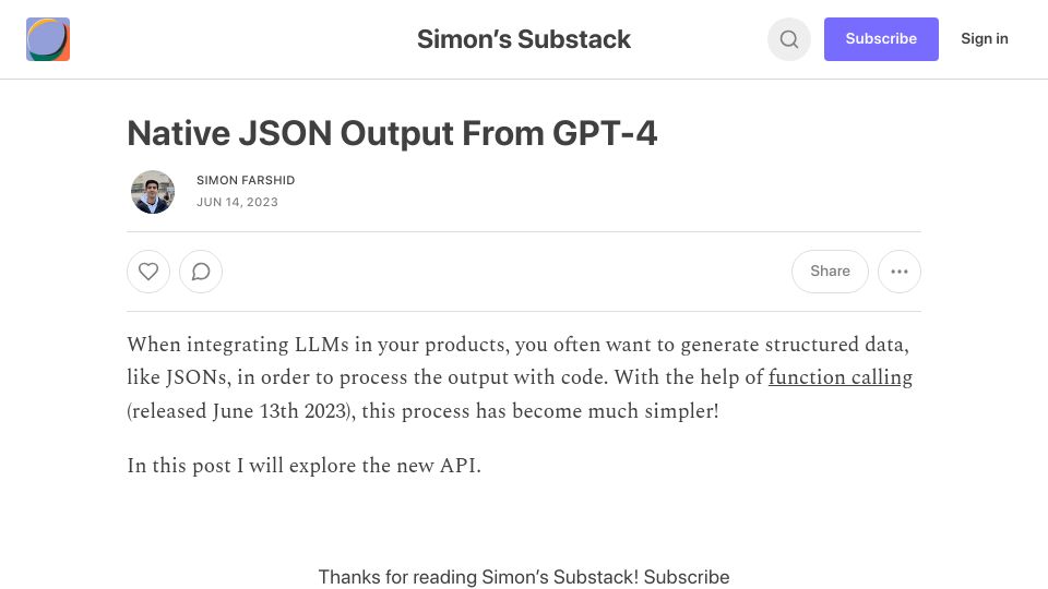 Screenshot of yonom.substack.com: Native JSON Output from GPT-4