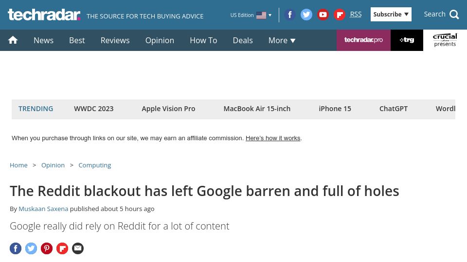 Screenshot of techradar.com: The Reddit blackout has left Google barren and full of holes – TechRadar