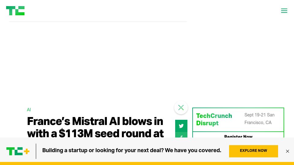 Screenshot of techcrunch.com: France’s Mistral AI raises a $113M seed round to take on OpenAI