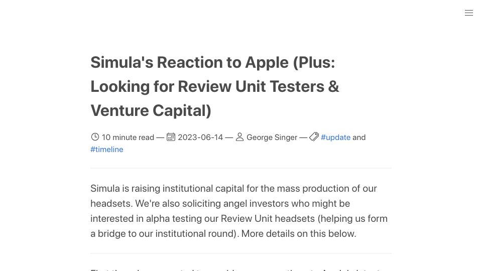 Screenshot of simulavr.com: SimulaVR's Reaction to Apple