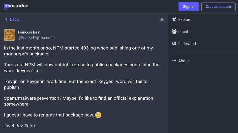 Screenshot of mamot.fr: NPM won't publish packages containing the word keygen
